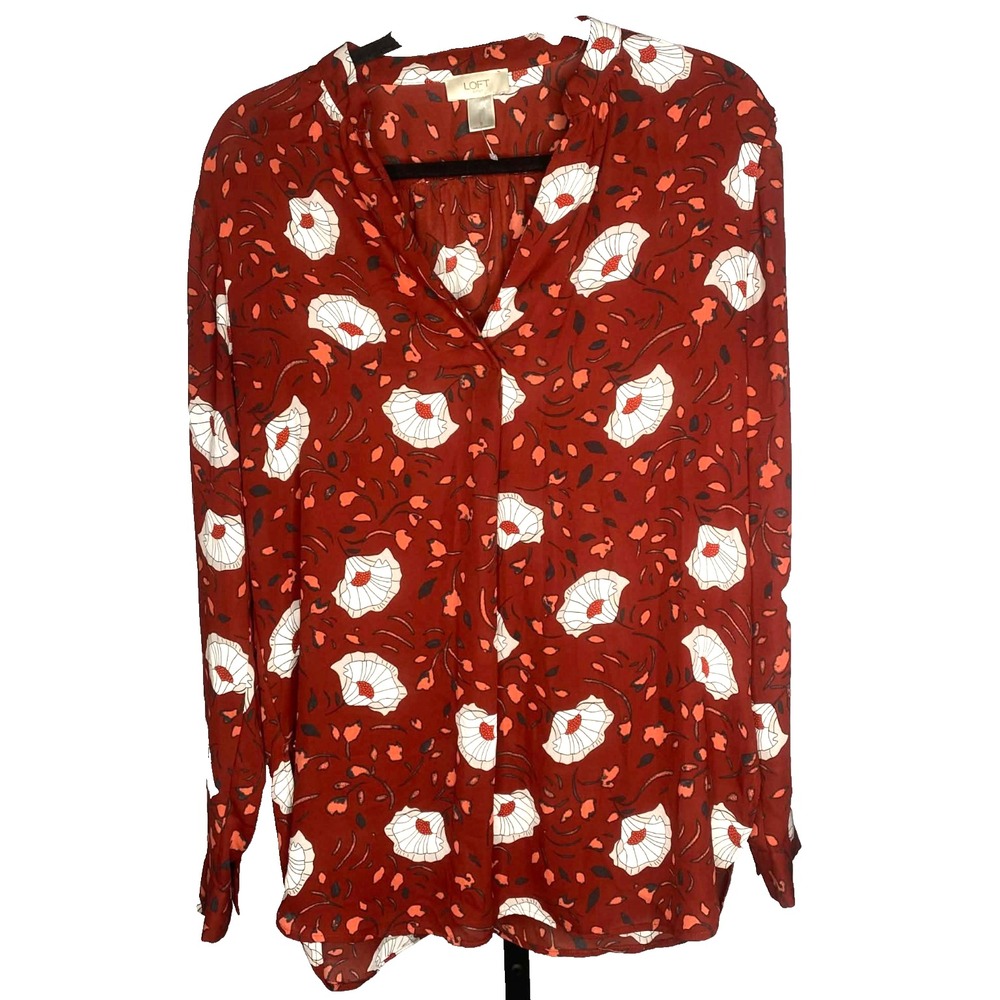Loft Lightweight Red Floral Long Sleeve blouse vneck bohemian size small NWOT